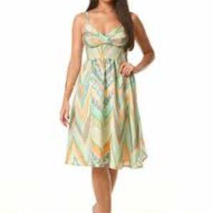 Anthropologie Lil India Green Blue Orange Chevron Silk Midi Dress Size 10 EUC